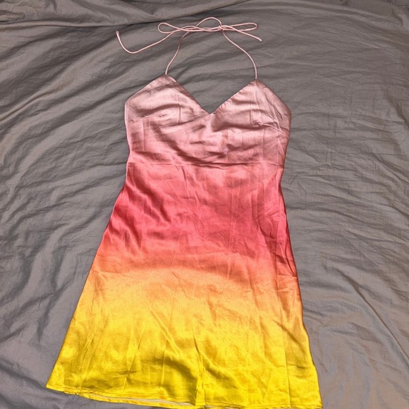 Princess Polly 4 Sunset Mini Dress, Halter Tie Neck, Pink Yellow Ombre, Silky - Picture 5 of 12